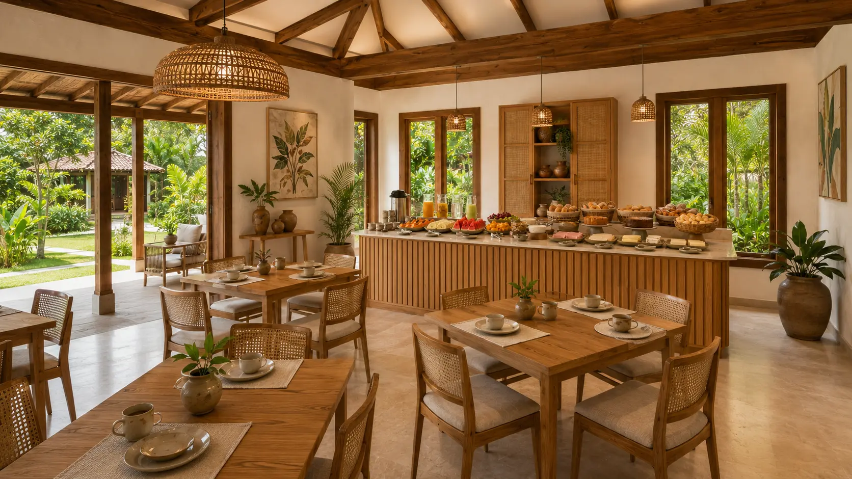Salão e buffet de café da manhã da pousada