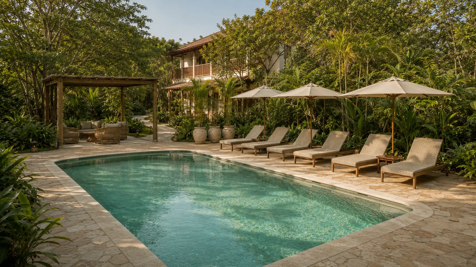 Piscina cercada pelo jardim tropical da Pousada Almaré